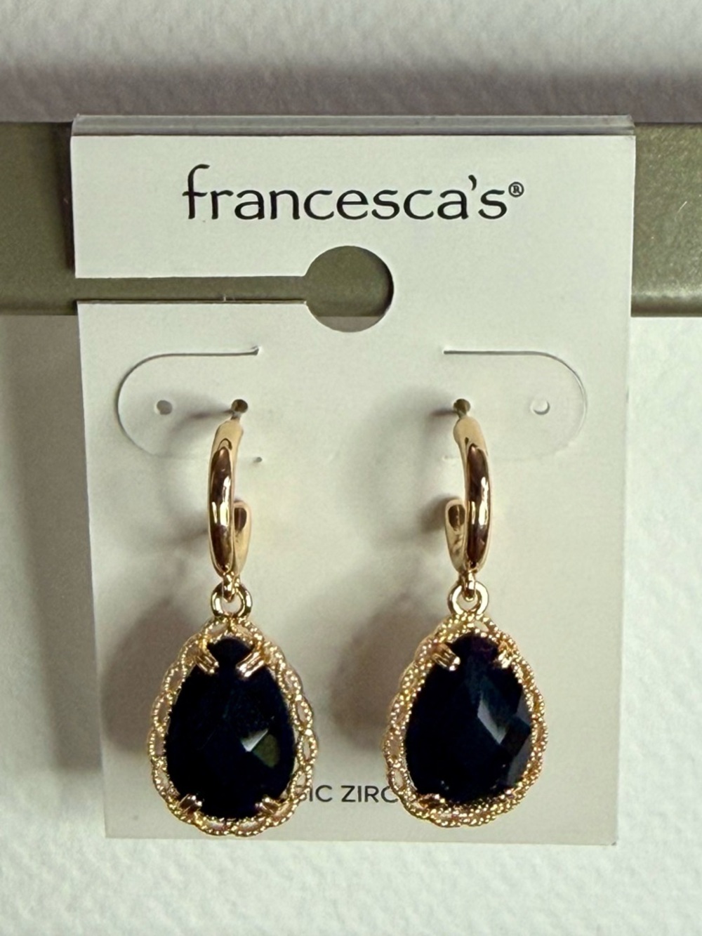 Francesca's Collections Gold Hoop Earrings with Black Teardrop Stones